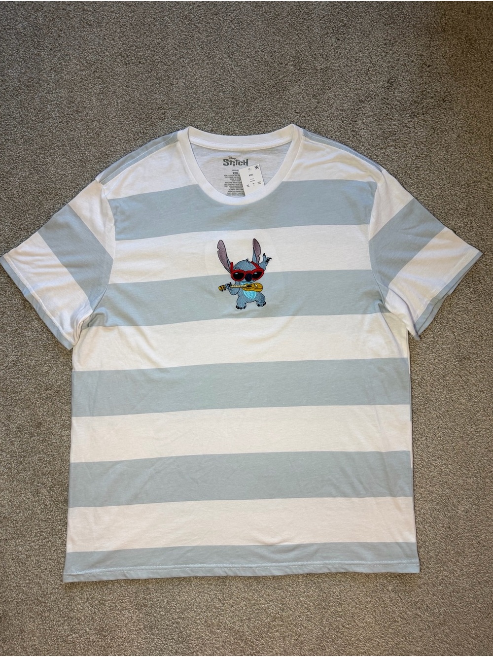 Disney Stitch Light Blue and White Striped Embroidered T-Shirt